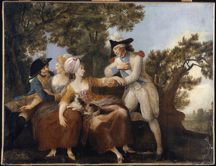 Scène galante ; Un jeune homme courtise une jeune fille assise sous un arbre, Louis Joseph Watteau, 2e moitié 18e siècle