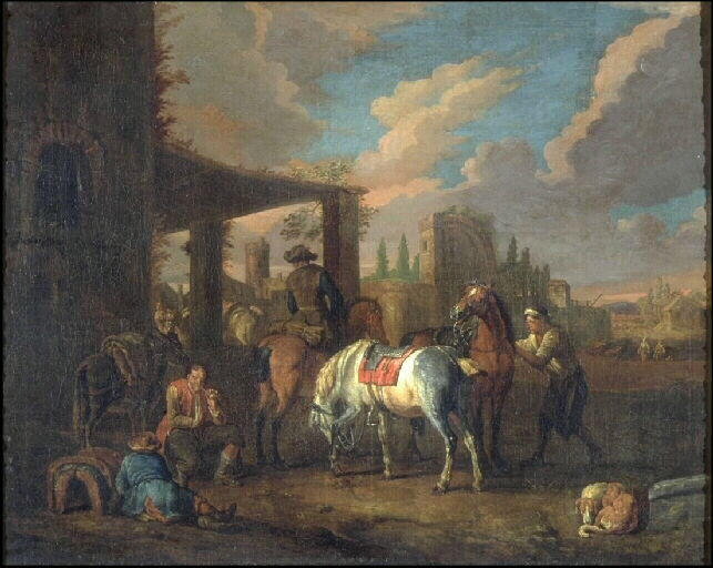 Halte de voyageurs devant des ruines, Pieter van Bloemen, 17e siècle