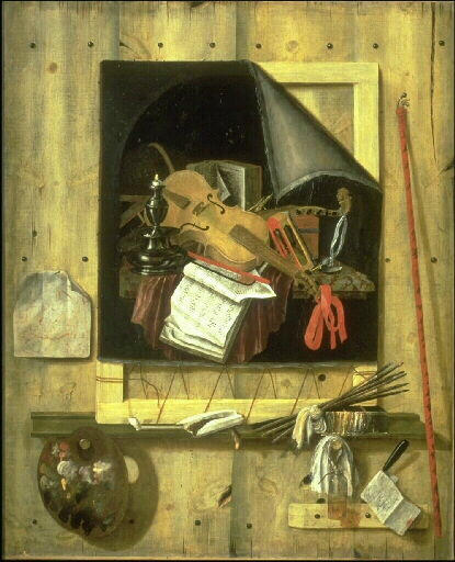 Nature morte en trompe l'oeil : toile et outils de peintre_0