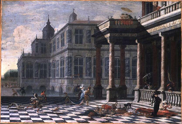 Vue perspective d'un palais italien animé de personnages de fêtes galantes, Jacob Saeys, 1690