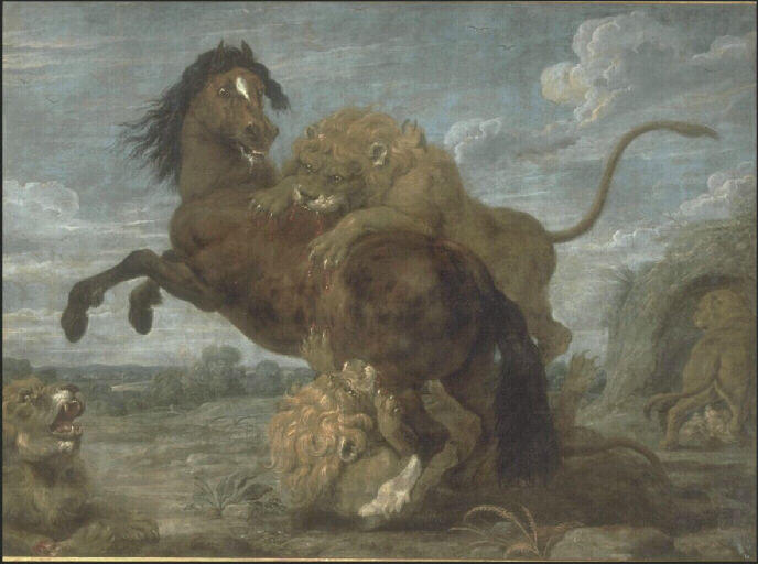 Cheval attaqué par des lions, Paul de Vos, 17e siècle