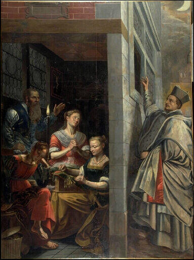 Saint Nicolas jetant une bourse par la fenêtre d'une maison dans laquelle trois jeunes filles font de la dentelle_0