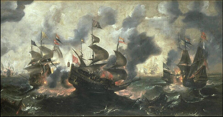 Combat de vaisseaux hollandais contre des galères turques_0