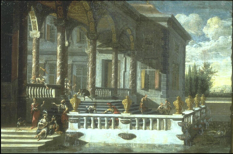 Vue perspective d'un palais italien animé de personnages de fêtes galantes, Jacob Saeys, 1683
