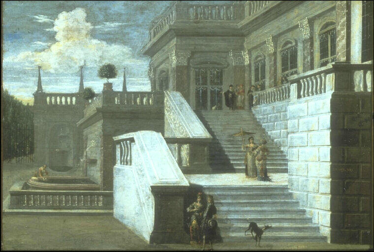 Vue perspective d'un palais italien animé de personnages de fêtes galantes, Jacob Saeys, 1683