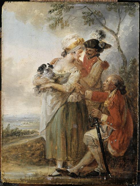 Scène galante : Un jeune homme courtise une jeune fille assise sous un arbre, Louis Joseph Watteau, 1786