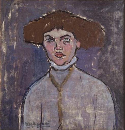 Buste de jeune femme ; Tête de femme au chapeau (Titre attribué) ; Tête de jeune femme (cf. exp. 1975, Paris, Musée Jacquemart-André). (Ancien titre), Amadeo Modigliani, 1908