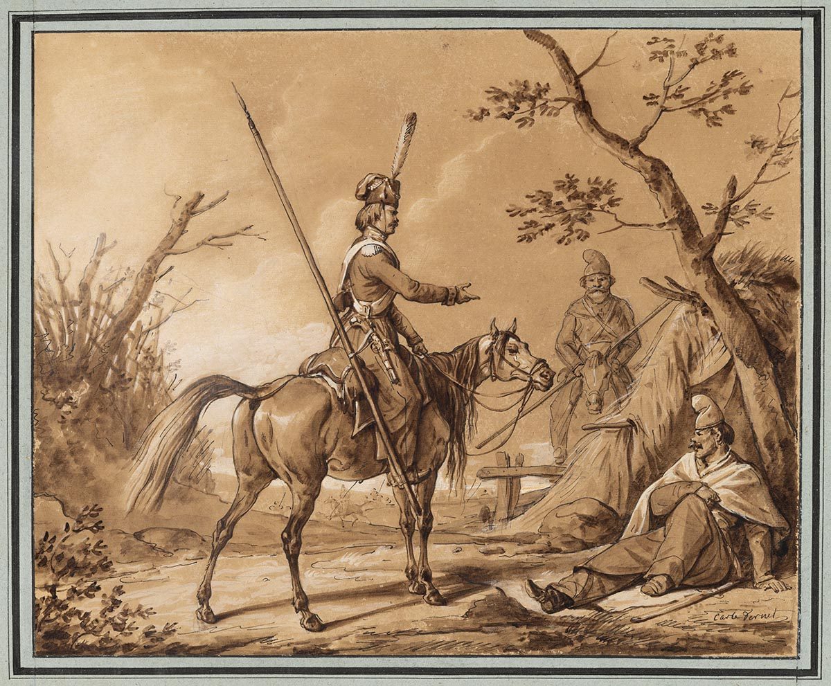 Cosaques, deux à cheval et un assis_0