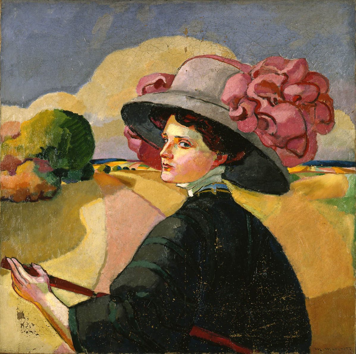 Marcelle à l'ombrelle et au grand chapeau dans un paysage, Maurice Marinot, 1907