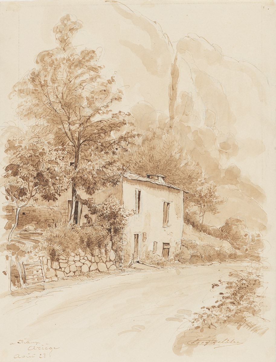 Paysage à Miaux, avec une maison au bord d'une route, Eugène Delâtre, 1928