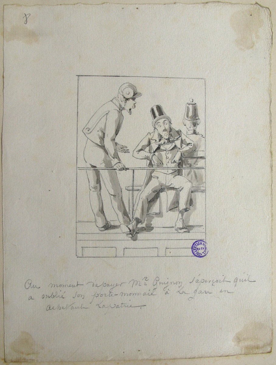8. Au moment de payer, M. Guignon s'aperçoit qu'il a oublié son porte-monnaie à la gare ; M. Guignon, ou le voyage d'un habitant de Ruffec de Paris (titre factice de la série)_0