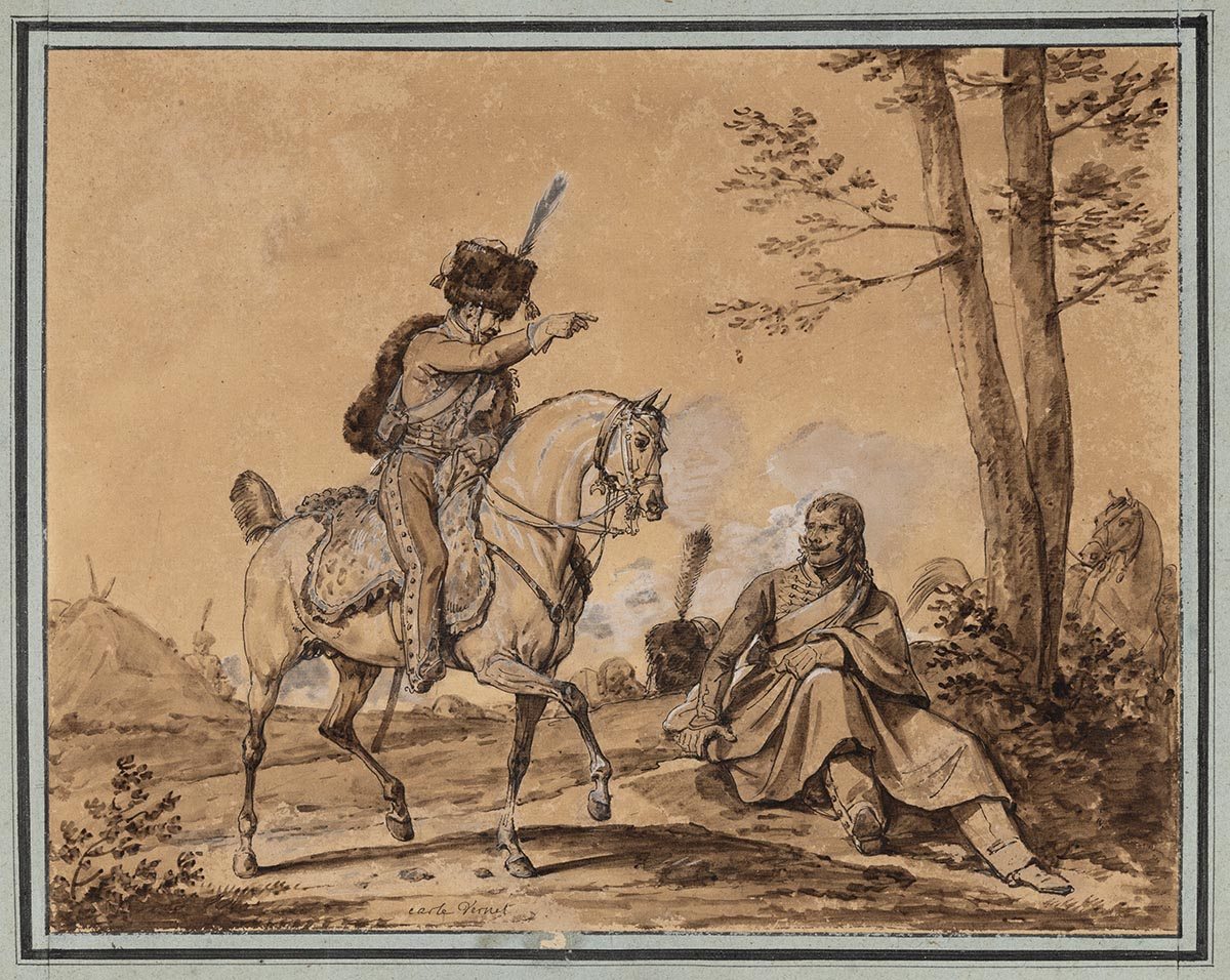 Deux hussards, l'un à cheval, l'autre assis, Carle Vernet, 1ère moitié 19e siècle
