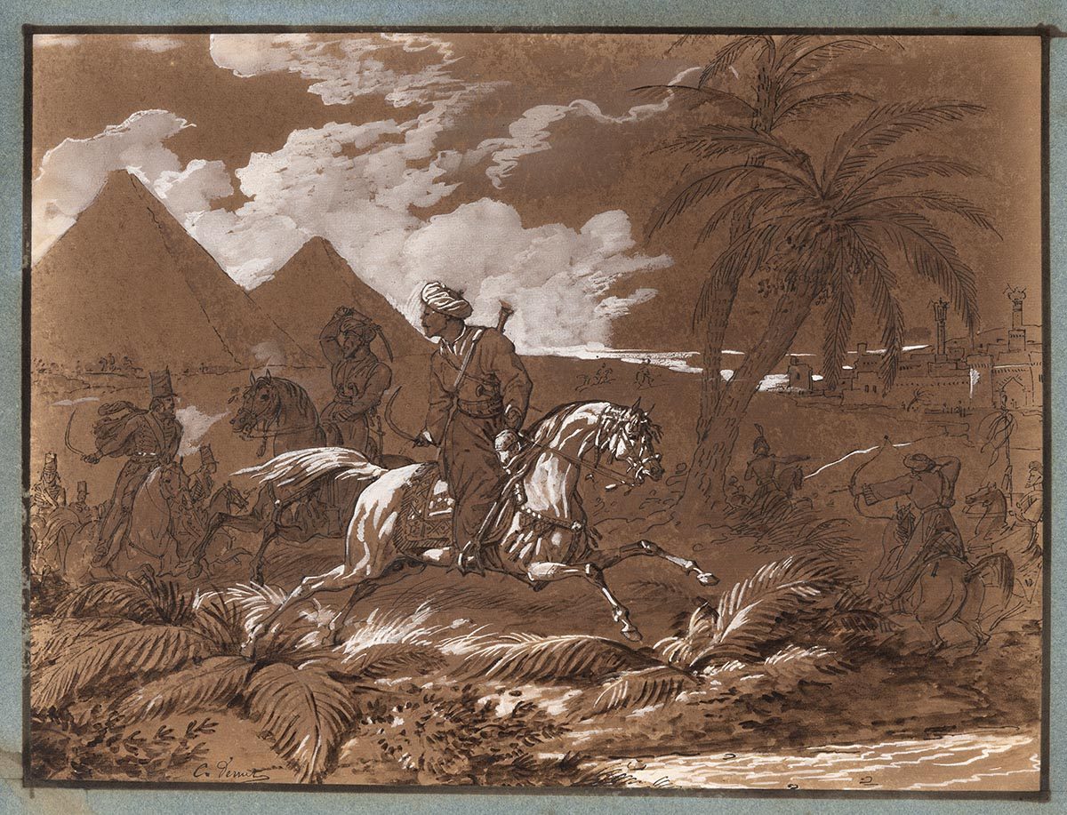 Mamelouks et hussards devant les pyramides, Carle Vernet, 1ère moitié 19e siècle