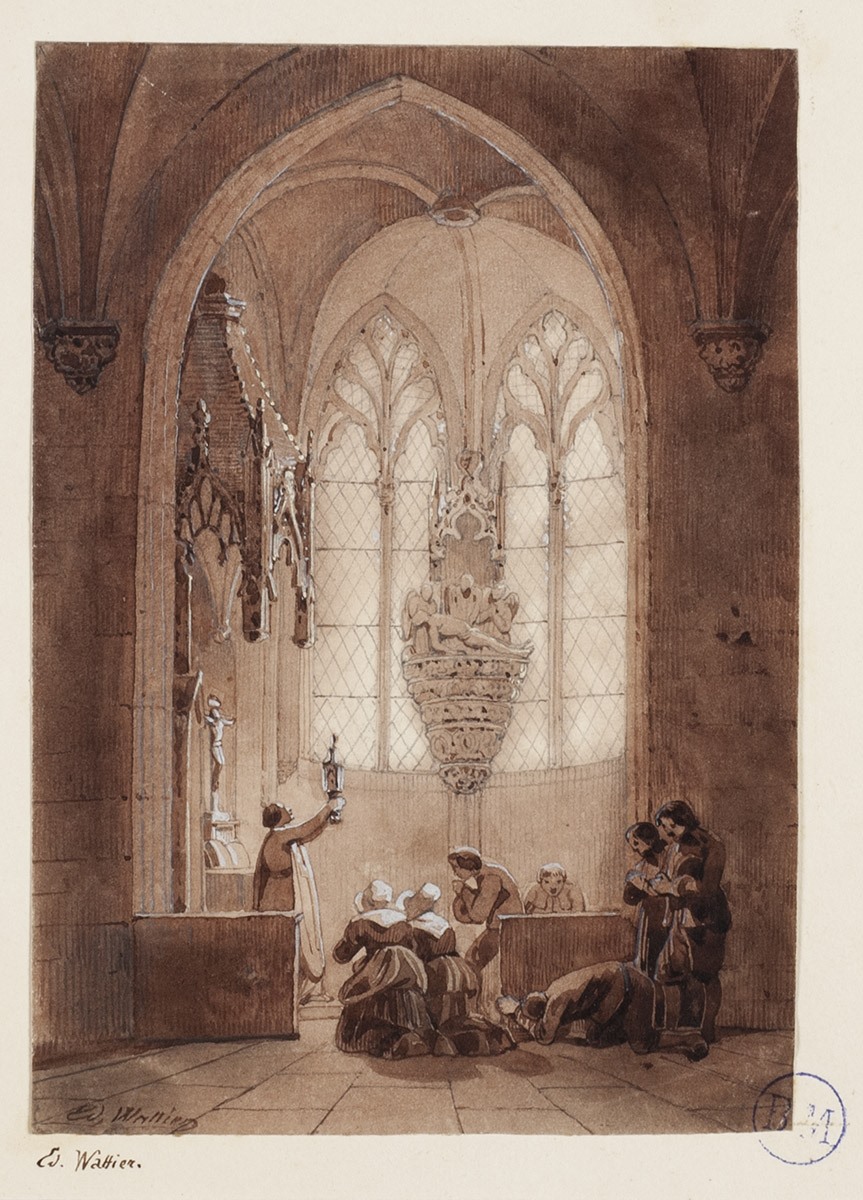 Office religieux dans une chapelle, Édouard Wattier, 1ère moitié 19e siècle