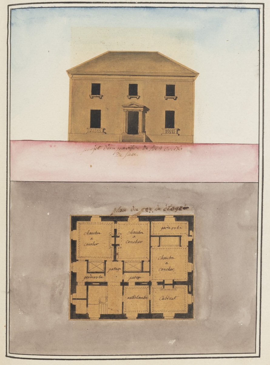 Projet d'un pavillon de trois croisées. Élévation de la façade et plan du 2e étage_0