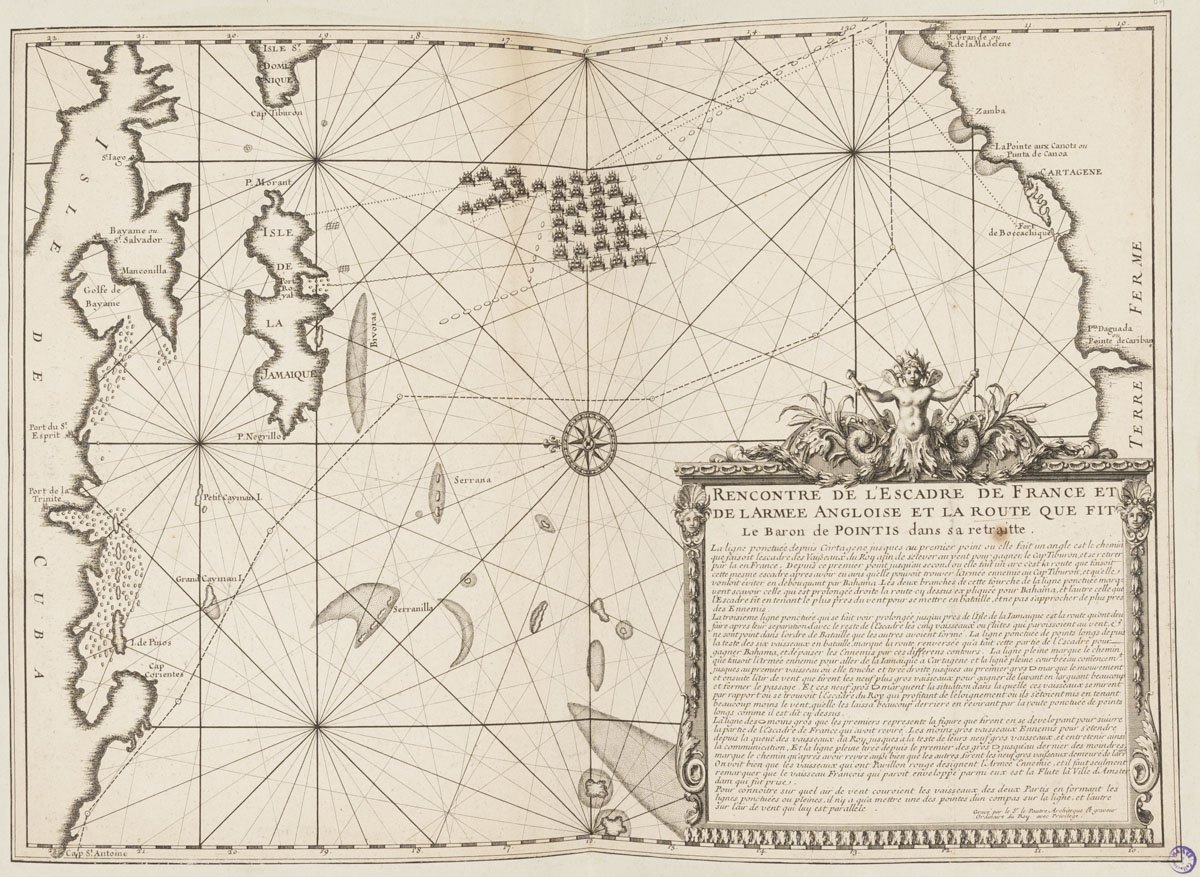 Rencontre de l'escadre de France de l'armée angloise, et la route que fit le baron de Pointis dans sa retraitte, Pierre Lepautre, 1697