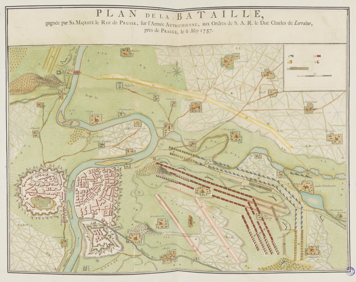 Plan de la bataille, gagnée par sa majesté le Roi de Prusse, fur l'armée autrichienne, aux ordres de S. A. R. le Duc Charles de Lorraine, près de Prague, le 6 may 1757_0