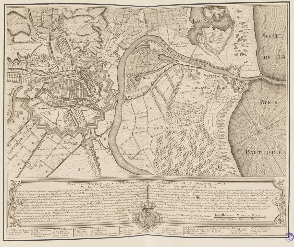 Plan de la Ville, Faubourg et environs de Dantzick, dédié et présenté à la Reine, par son très humble, très obéissant et très fidèle Sujet de Beaurain, Géographe ordinaire du Roy, Durand, 1734