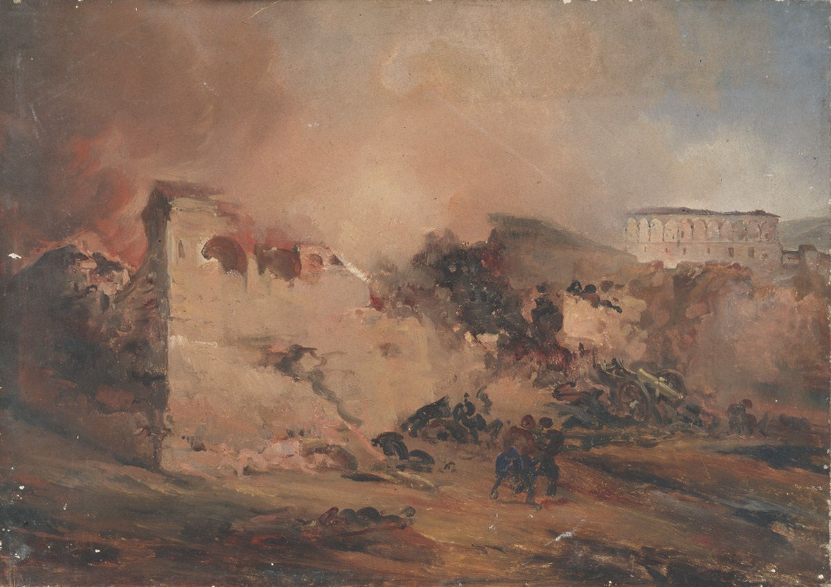 Incendie de village avec canon fracassé (Italie), Jean Charles Langlois, 19e siècle