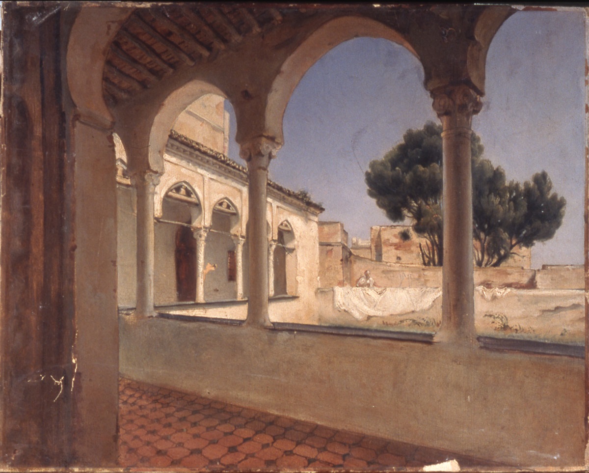 Cour intérieure d'une modeste maison dans le quartier de la mosquée d'Ali Bitchnin, Jean Charles Langlois, 2e quart 19e siècle