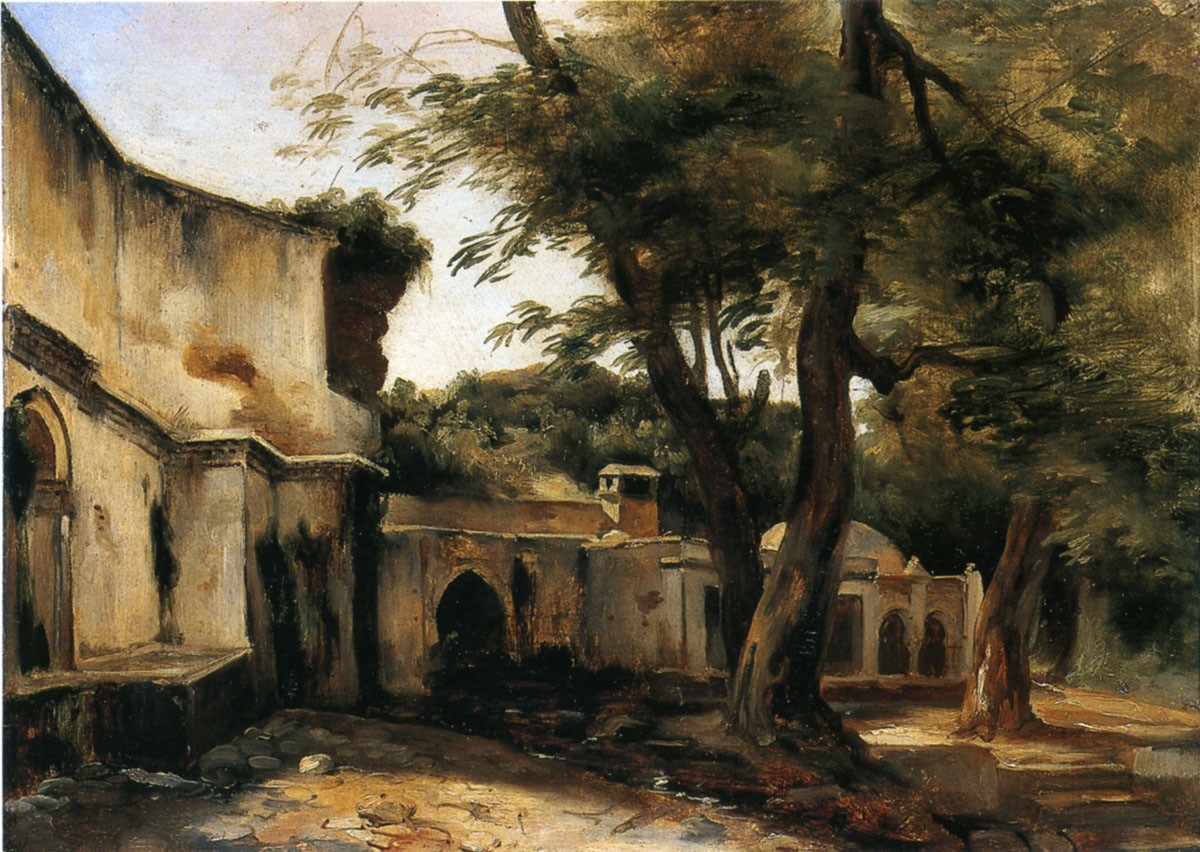 Fontaine du Hamma dans le faubourg Bab Azzoun et le Café des platanes ; Fontaine près d'Alger (ancien titre), Jean Charles Langlois, 2e quart 19e siècle