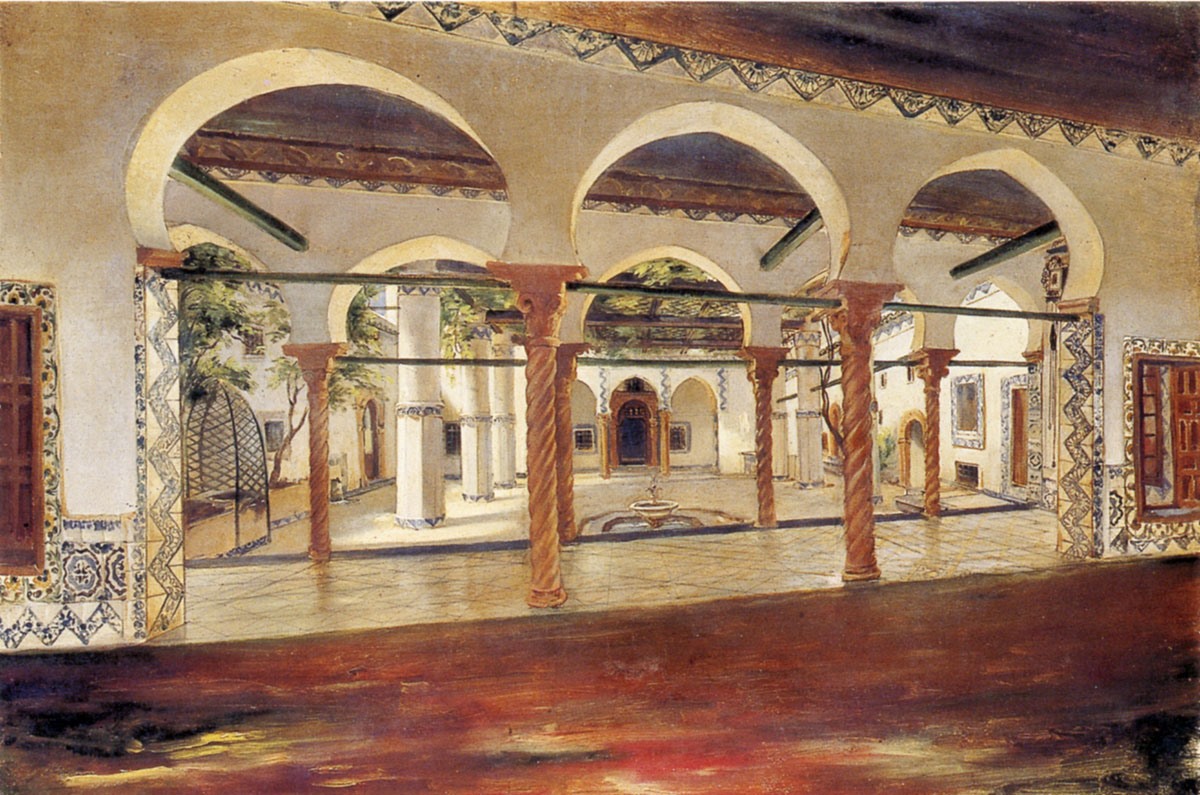 Cour intérieure du jardin Amine es Sekka, à Alger ; Le Jardin Mahieddine, dans le faubourg Bab Azzoun (autre titre), Jean Charles Langlois, 1832 (vers)