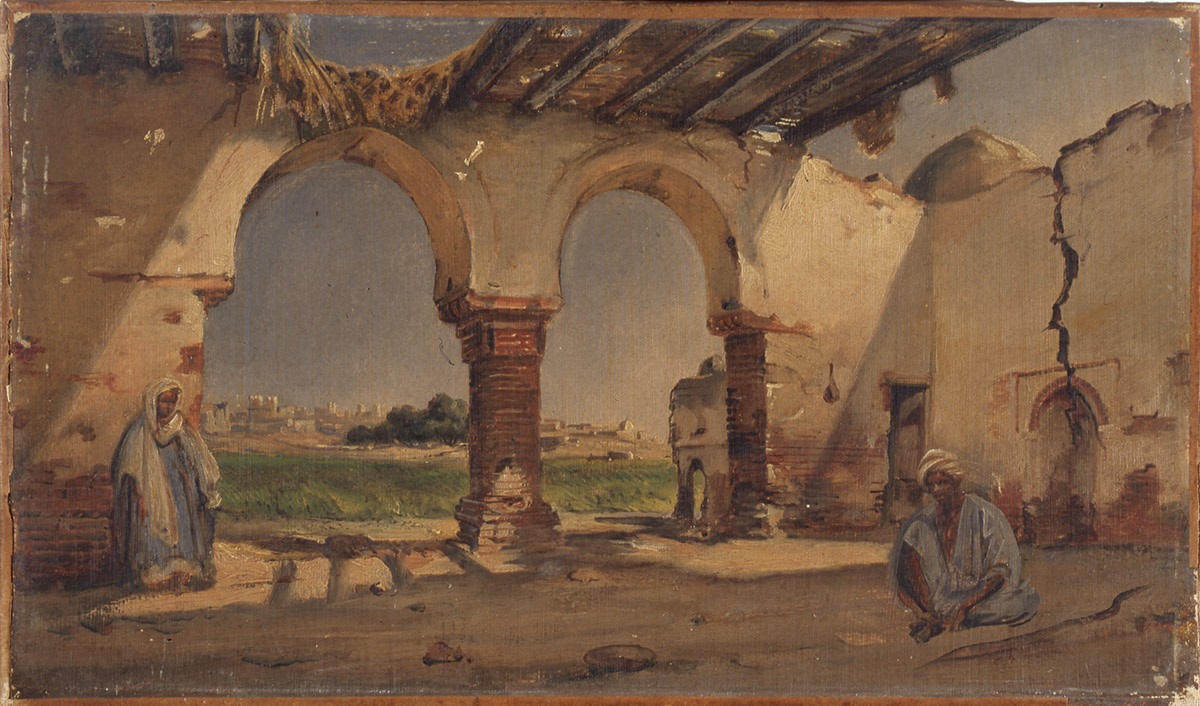 Le Caire. Maisons en ruine avec des arabes assis ; Intérieur d'une mosquée ruinée de Haute-Égypte (autre titre), Jean Charles Langlois, 1850