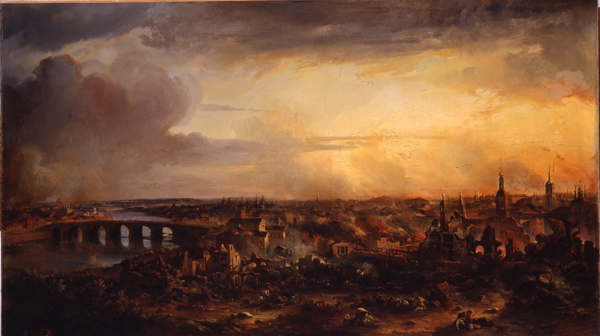 Panorama de l'incendie de Moscou. Incendie des quartiers sud-ouest avec le pont de pierre, Jean Charles Langlois, 1843