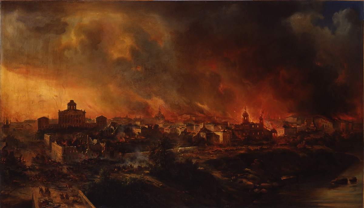 Incendie des quartiers ouest de la maison Pachkov ; Panorama de l'incendie de Moscou, Jean Charles Langlois, 1843