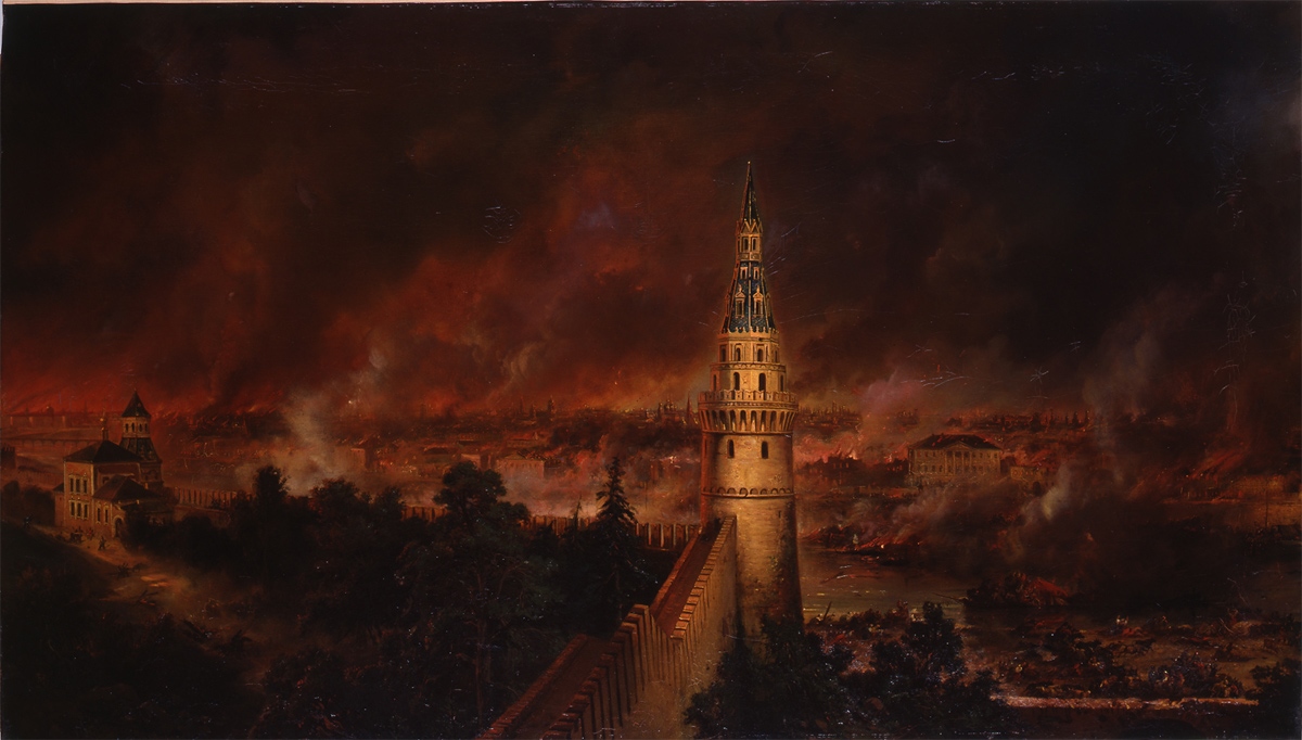 Panorama de l'incendie de Moscou. L'incendie des quartiers sud de Moscou, Jean Charles Langlois, 1843