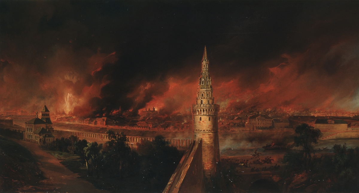 L'incendie des quartiers sud de Moscou ; Panorama de l'incendie de Moscou, Jean Charles Langlois, 1843