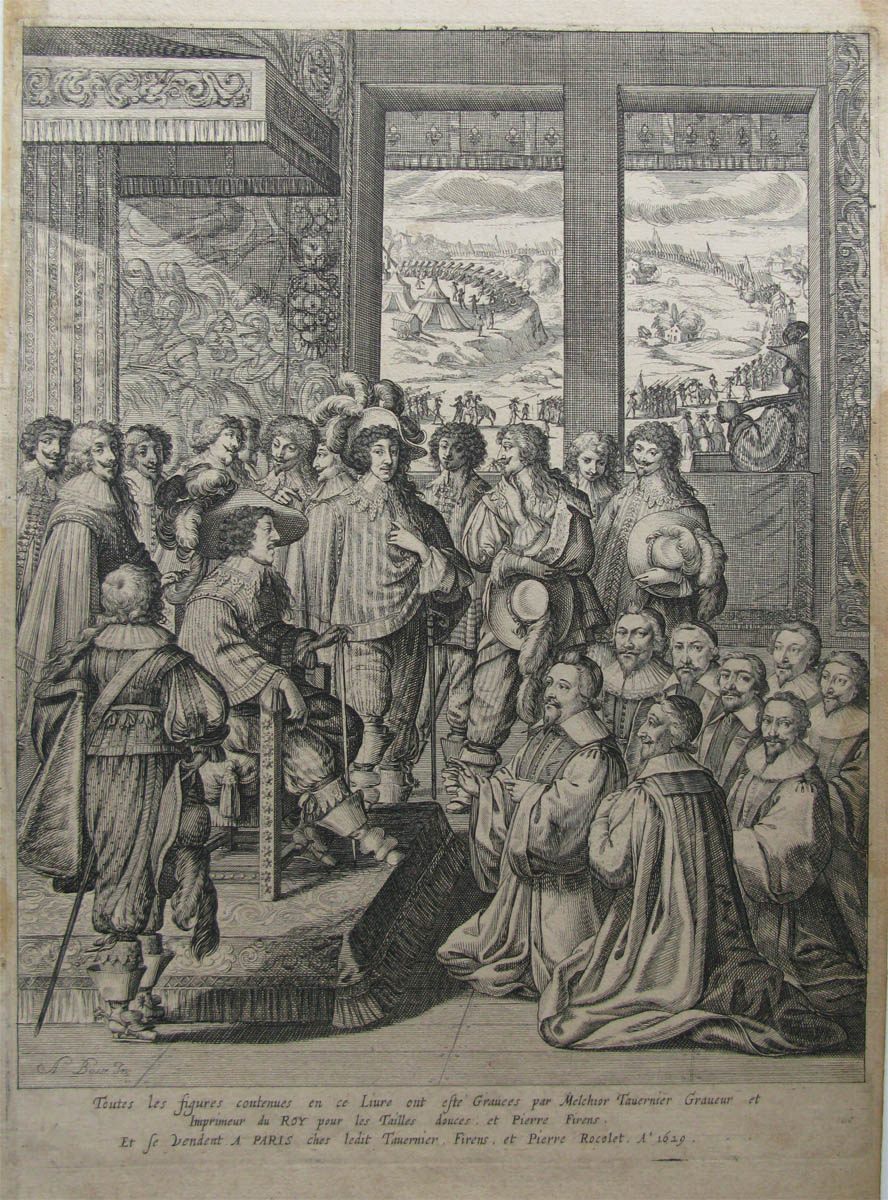 Le Roi Louis XIII écoute la harangue du prévôt des Marchands de Paris, le samedi 23 décembre 1628, à son retour de La Rochelle ; Frontispice_0