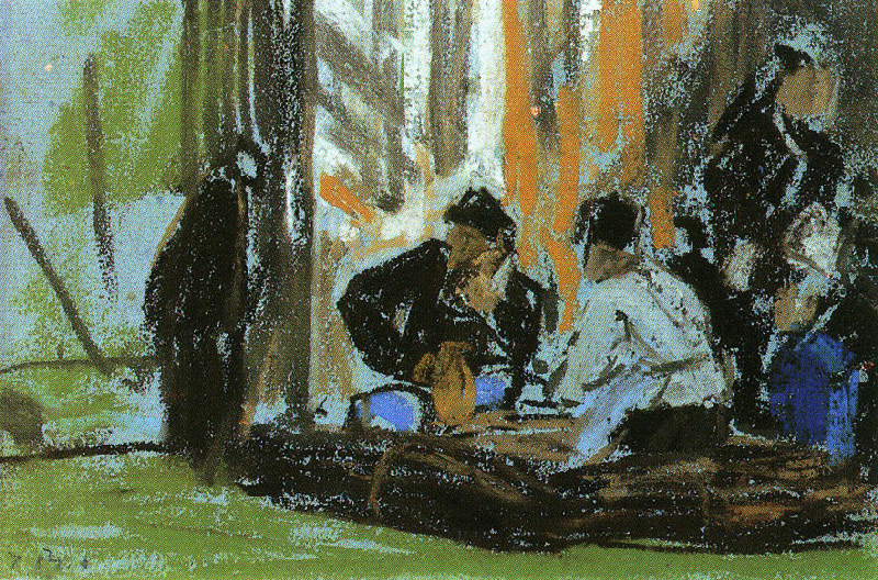 Personnages assis devant un bâtiment de la Ferme Saint-Siméon, Honfleur, Eugène Boudin, 1854 - 1859 (vers)