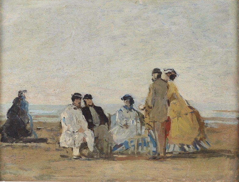 Personnages sur la plage de Trouville (Ou appelé Scène de plage à Trouville), Eugène Boudin, 1865 (vers)