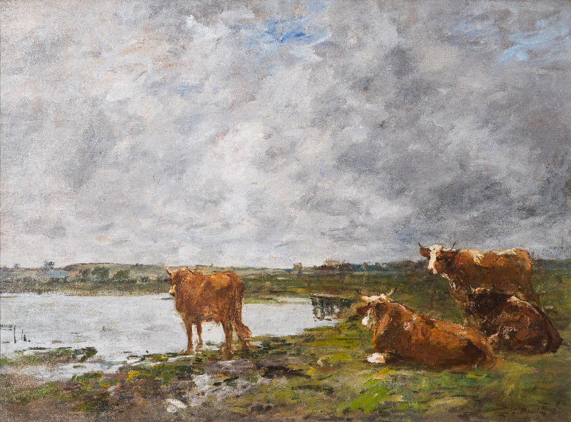 Vaches au bord d'une rivière, Eugène Boudin, 1885 (vers)