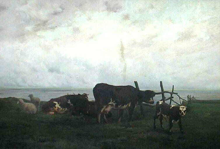 Sur la falaise, vaches normandes, Henri Rooke, 1885