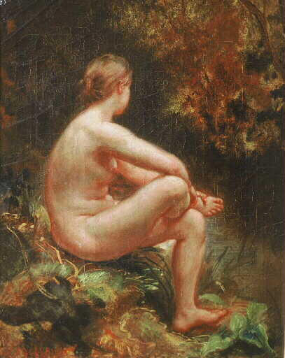 Femme assise, nue, au bord d'un ruisseau, Léon Riesener, 19e siècle