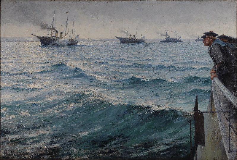 Entrée de l'escadre Russe à Cherbourg 1896 ; Les matelots à bord du 'Phlégéthon' criant 'Hourrah !' au passage de l'escadre russe et du 'Standard' portant les Souverains. (Titre sous lequel le tableau a été mentionné lors de son don à la Ville par la veuve de l'artiste, en 1926.)_0