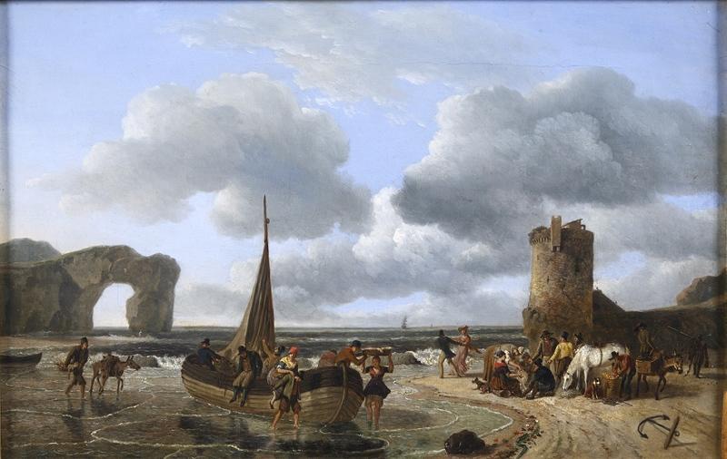 Vue prise sur le bord de la mer (Marine, pêcheurs débarquant du poisson (Etretat ?))_0