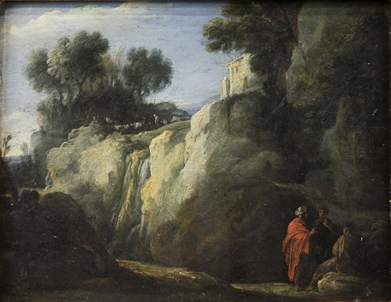 Paysage avec trois personnages devant une cascade ; Paysage rocheux avec un groupe de trois hommes en conversation devant une cascade (autre titre), Pierre Patel, 17e siècle