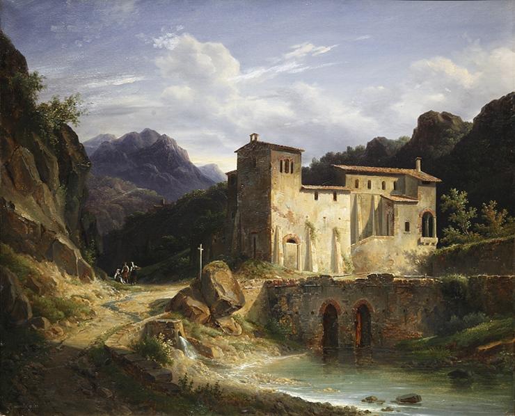 Vue d'un monastère situé près d'un pont dans une étroite vallée_0
