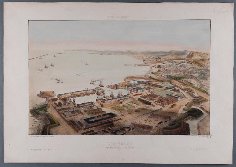Cherbourg, vue prise au-dessus du port militaire ; Voyage aérien en France, Alfred Guesdon, 19e siècle