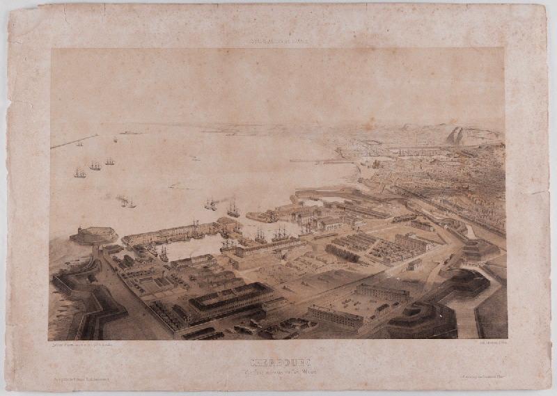 Cherbourg, vue prise au-dessus du port militaire ; Voyage aérien en France, Alfred Guesdon, 1846,1860