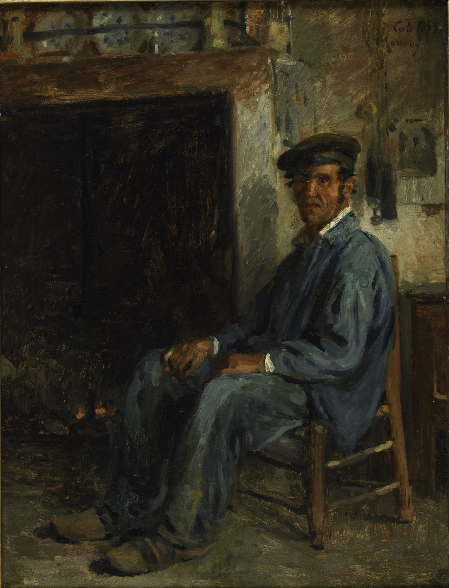 Paysan assis devant un âtre, Adolphe-Félix Cals, 1859 Date de signature