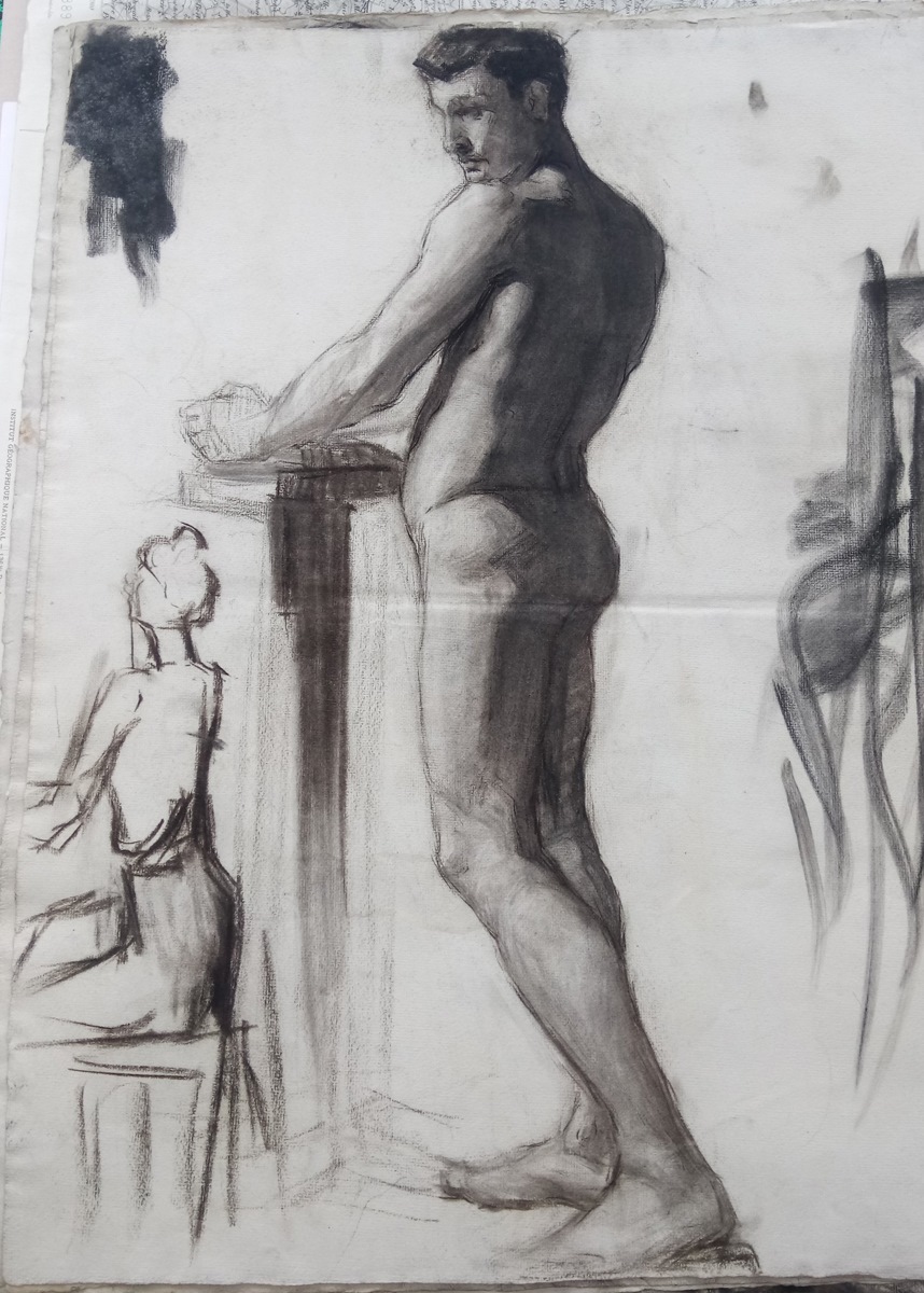 Etude d'après le modèle vivant : homme jeune et silhouette de femme dessinant_0