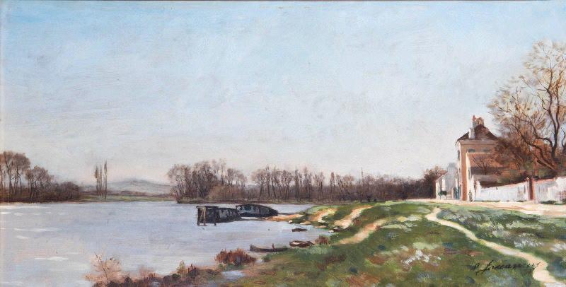 Bords de Seine, bateaux et laveuse, Paul Jouanny, 2e moitié 19e siècle