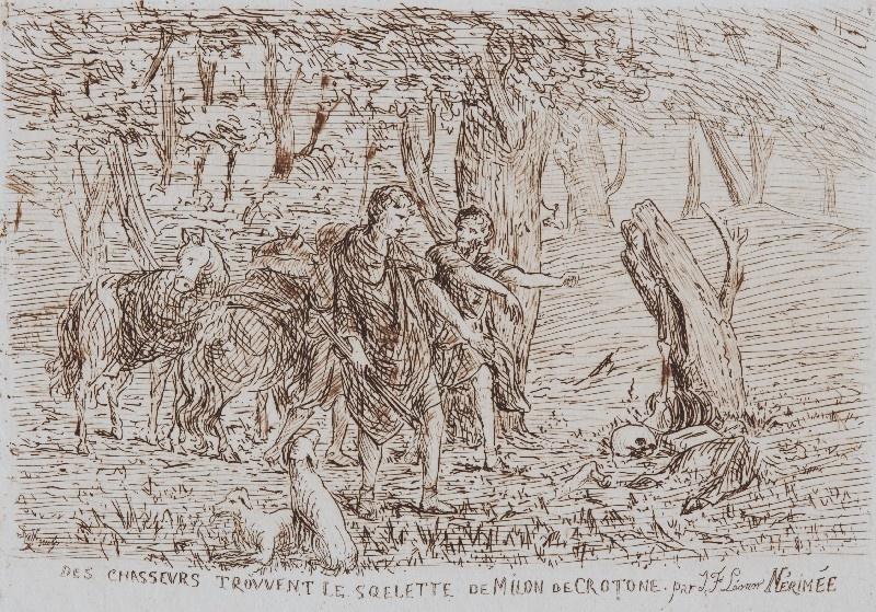 Des chasseurs trouvent le squelette de Milon de Crotone, Emile Vaucanu, 4e quart 19e siècle