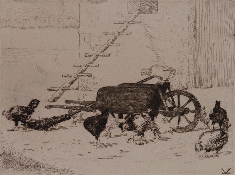 Intérieur de ferme ; Brouette et poules dans une cour de ferme (autre titre), Émile Vaucanu, 4e quart 19e siècle
