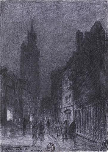 La tour de l'horloge à Evreux un soir de pluie, Charles Denet, 1ère moitié 20e siècle