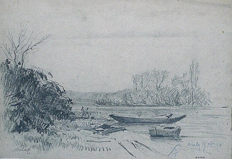 Deux barques sur une rivière, Amable Louis Pinta, 1870